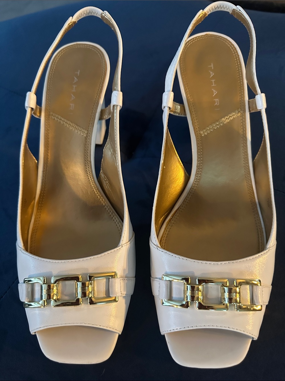 Tahari White Slingback Heels with Gold Chain Accent